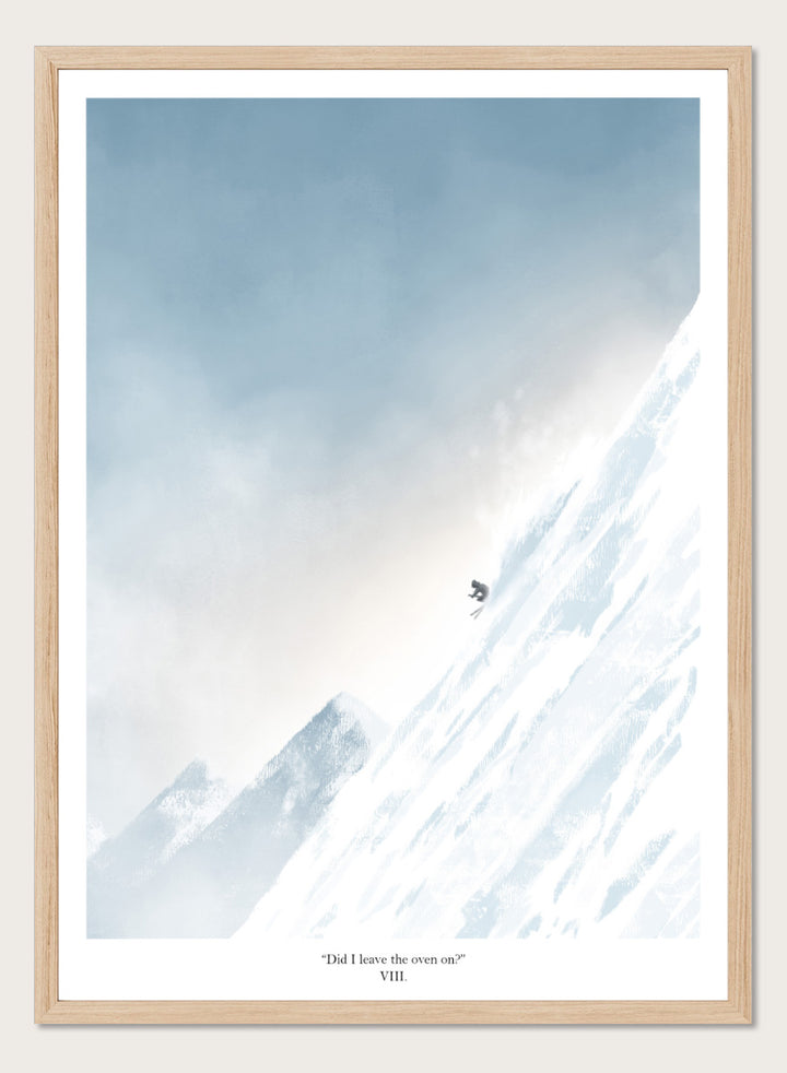 A framed art print featuring a minimalist illustration of a skier on a snowy mountain slope under a pale blue sky, with the text &