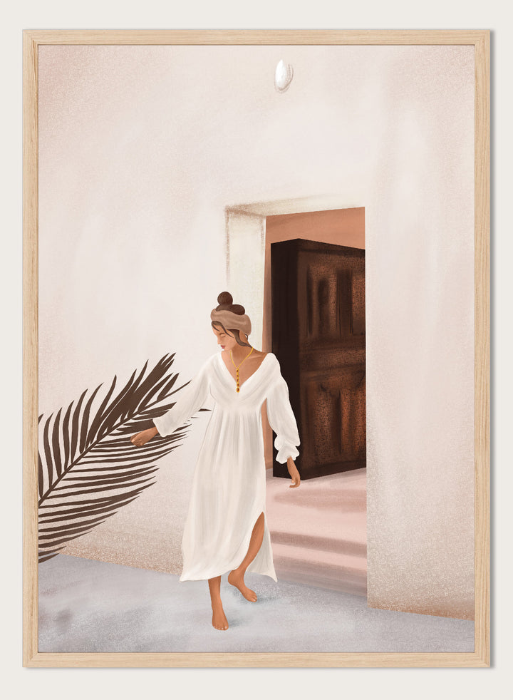 Woman in a white dress standing in a doorway with a palm leaf in the foreground. Woman With Palm Leaf by City Art is a modern figurative art print featuring a woman in a white dress, tropical greenery, warm neutrals, and Mediterranean style.