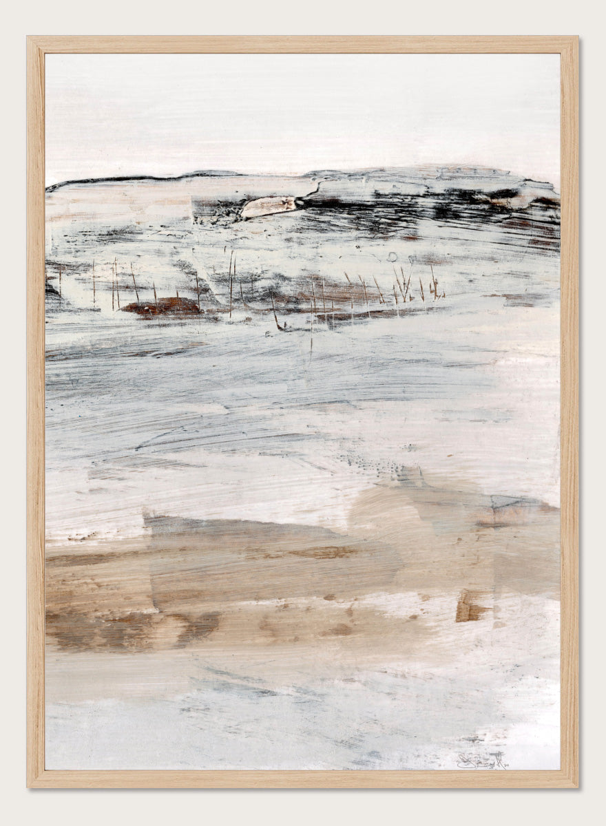 Shop August No. 02 by Dan Hobday, an abstract landscape art print with soft neutral tones, loose brushwork, distant landforms, and warm earthy texture.