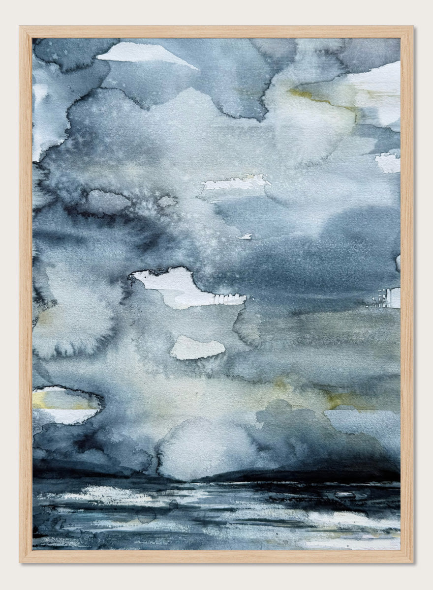 Shop Moody Sea Horizon by Helena Ryhle, a watercolor sea landscape wall art print poster with a blue-grey horizon and atmospheric coastal mood.