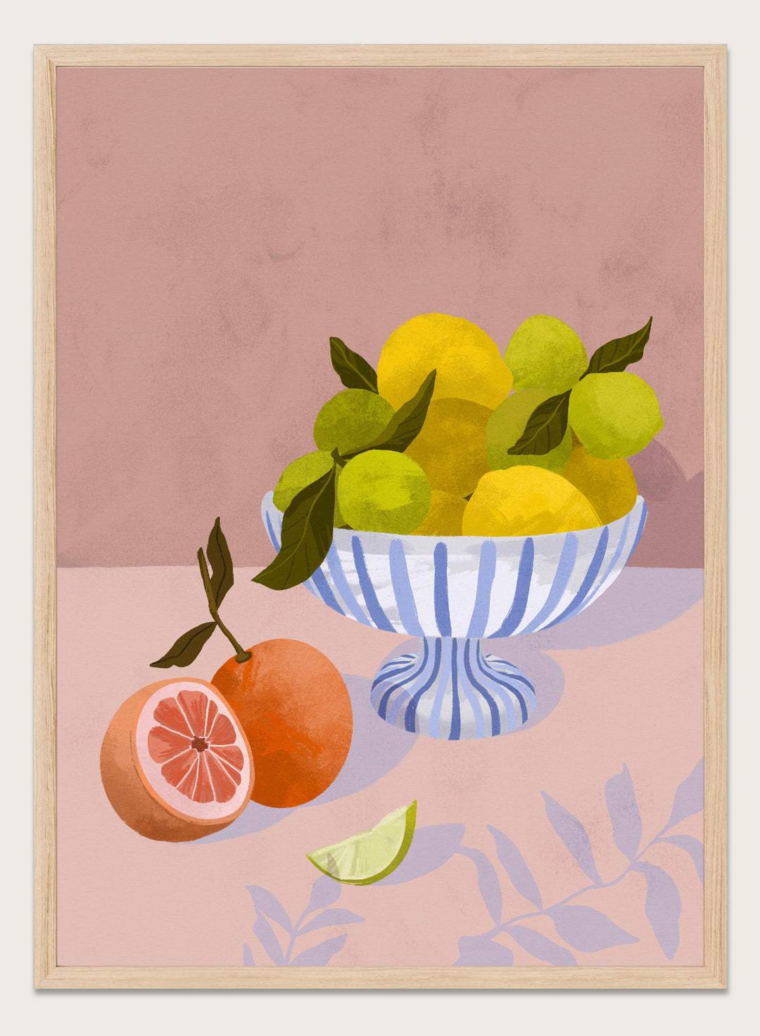 Illustration of a bowl with lemons and limes on a pink background. Bittersweet by Goed Blauw is a still life art print and wall poster with lemons, limes, and grapefruit in a striped bowl on a soft pink background.