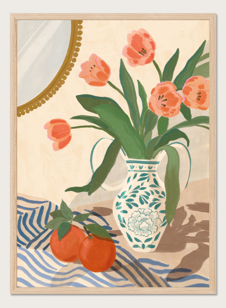 Fresh Tulips and Oranges by Katarzyna Gąsiorowska botanical still life art print with coral flowers, citrus fruit, and a patterned ceramic vase.