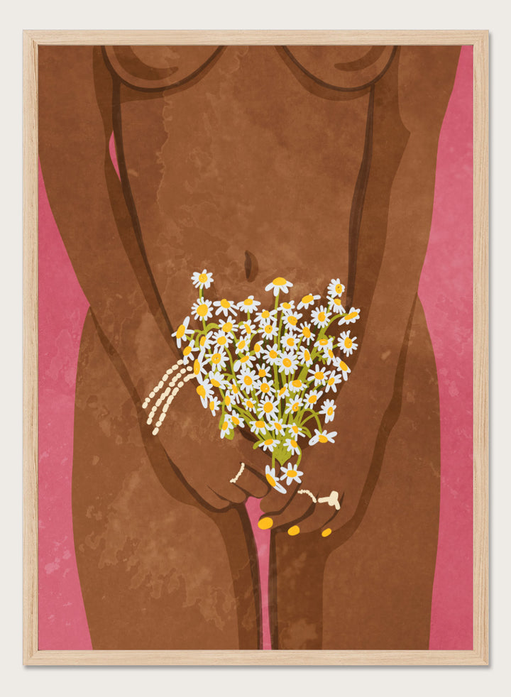 Illustration of a hand holding flowers against a brown background. Wearing Flowers by Raissa Oltmanns is a modern woman portrait art print with daisies, pink background, and minimalist graphic wall poster design.