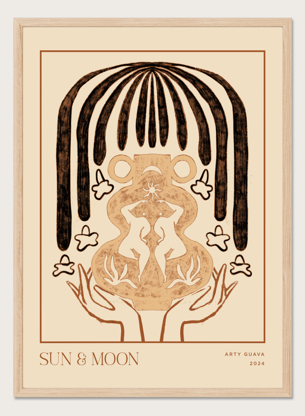 Artistic illustration of hands holding a symbol with 'Sun & Moon' text on a beige background. Vessel Collection: Sun & Moon by Arty Guava art print, modern vase wall poster with moon symbolism, contemporary minimalist line artwork.