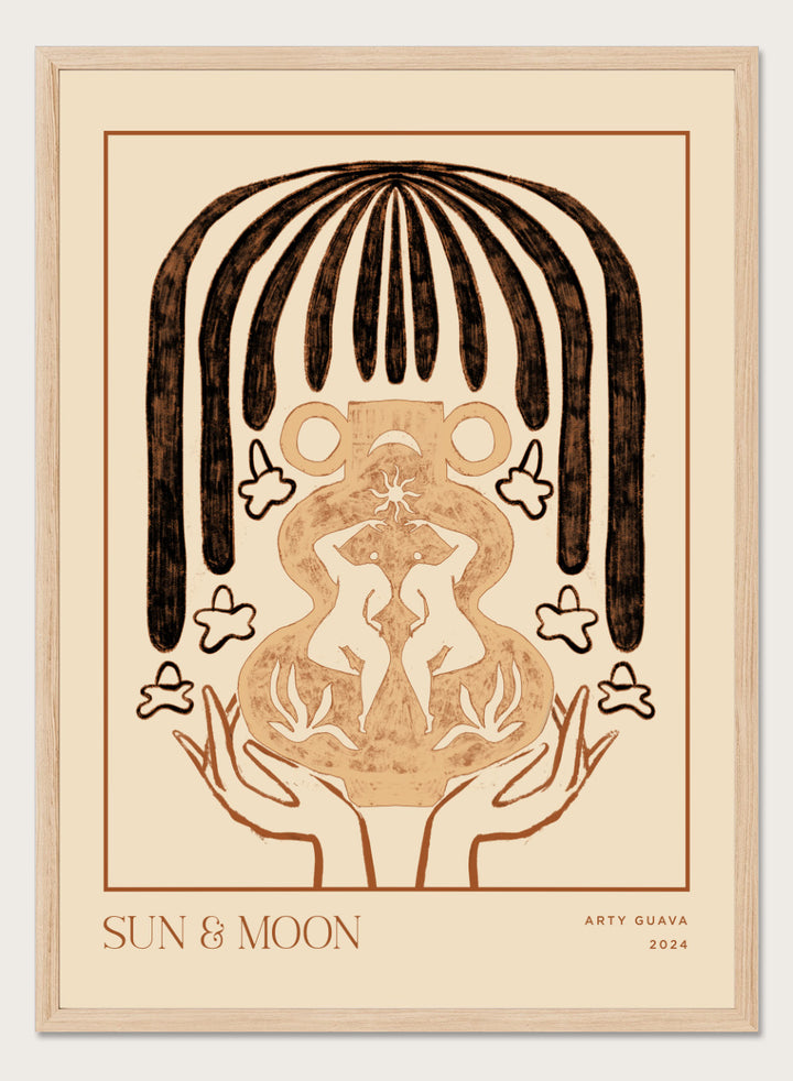 Artistic illustration of hands holding a symbol with 'Sun & Moon' text on a beige background. Vessel Collection: Sun & Moon by Arty Guava art print, modern vase wall poster with moon symbolism, contemporary minimalist line artwork.