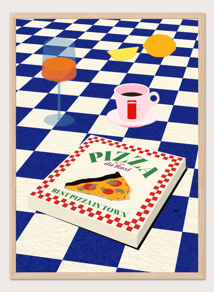 Pizza box with 'Pizza da Ross' branding on a blue and white checkered background. The Italian Menu by Rosi Feist is a modern kitchen wall art print featuring pizza and espresso in a bold minimalist food poster style.