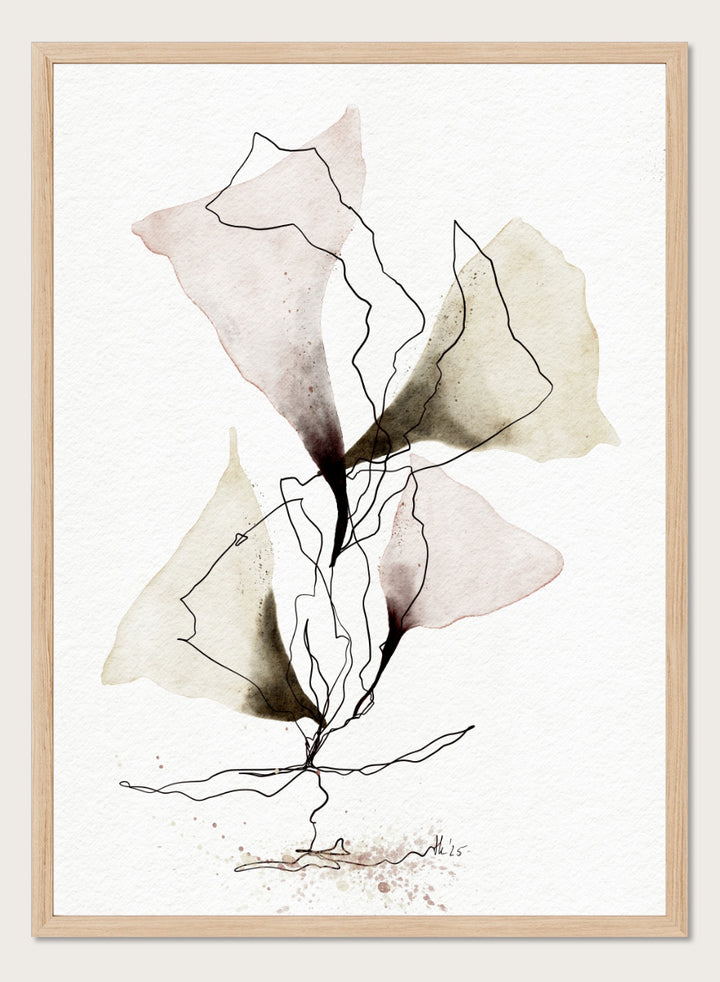 Abstract watercolor and ink botanical art print featuring soft beige, brown, and dusty rose watercolor shapes with fine black line work on textured white paper. Shop Abstract Botanical Flow by Ankie Kooi, a botanical wall art print poster with abstract watercolor leaves, floral line art, pink, green, cream, and black.