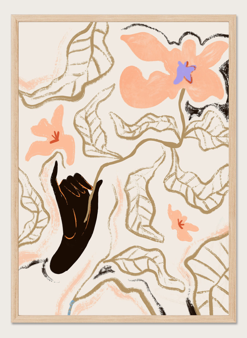 Abstract artwork with a black hand reaching towards flowers on a light background. Fleur by Arty Guava is a modern floral art print with soft abstract flowers and hand-drawn linework. Officially licensed wall poster with framing.