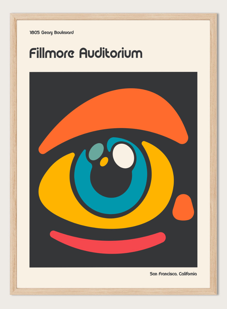 A poster-style graphic for the Fillmore Auditorium in San Francisco, California, featuring an abstract eye illustration in orange, yellow, blue, red, and white on a dark gray square, with cream margins and black text reading &
