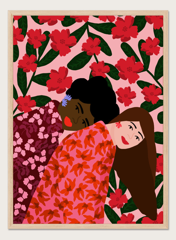 Illustration of two women embracing with a floral pattern in the background. Friendship by Rafaela Mascaro fine art print poster featuring two women embracing, red floral background, modern botanical wall art.