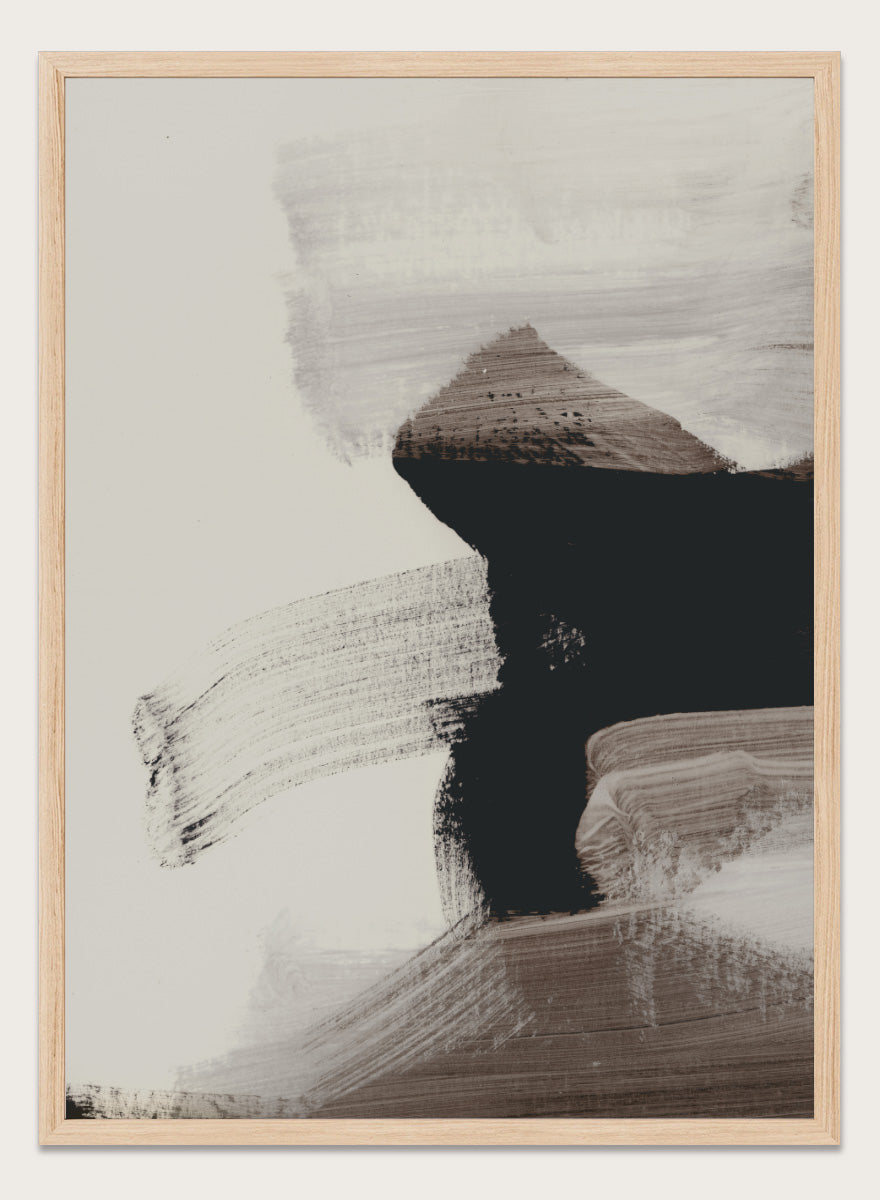 Shop Mellow No. 01 by Dan Hobday, a contemporary abstract art print featuring bold black forms, soft neutral brushwork, and layered earthy texture.