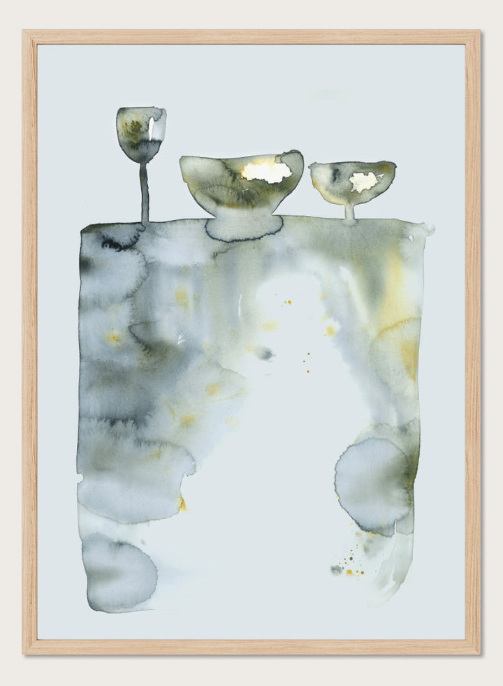 Shop Abstract Still Life Bowls by Helena Ryhle, a modern still life wall art print poster featuring watercolor bowls, glassware, and soft abstract forms.