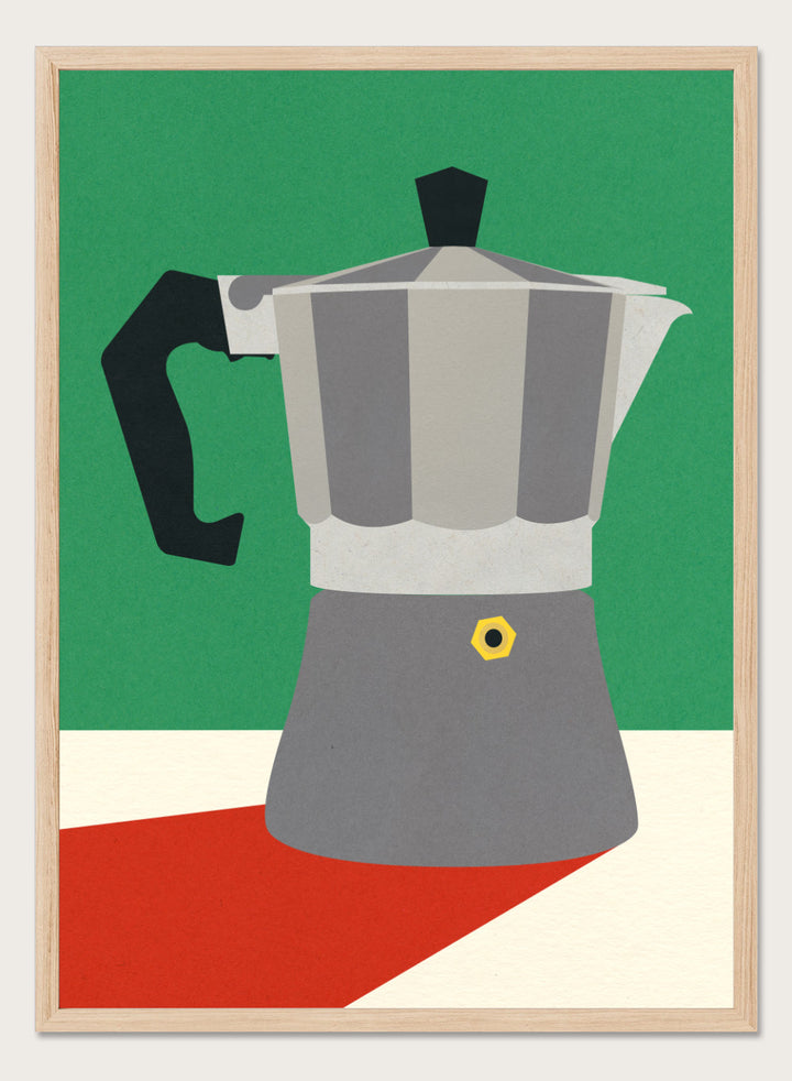 Stylized illustration of a Moka pot on a green, white, and red background. Stylized illustration of a Moka pot on a green, white, and red background. Espresso Italiano by Rosi Feist is a minimalist moka pot kitchen art print with Bauhaus-inspired color. Officially licensed modern poster with framing.