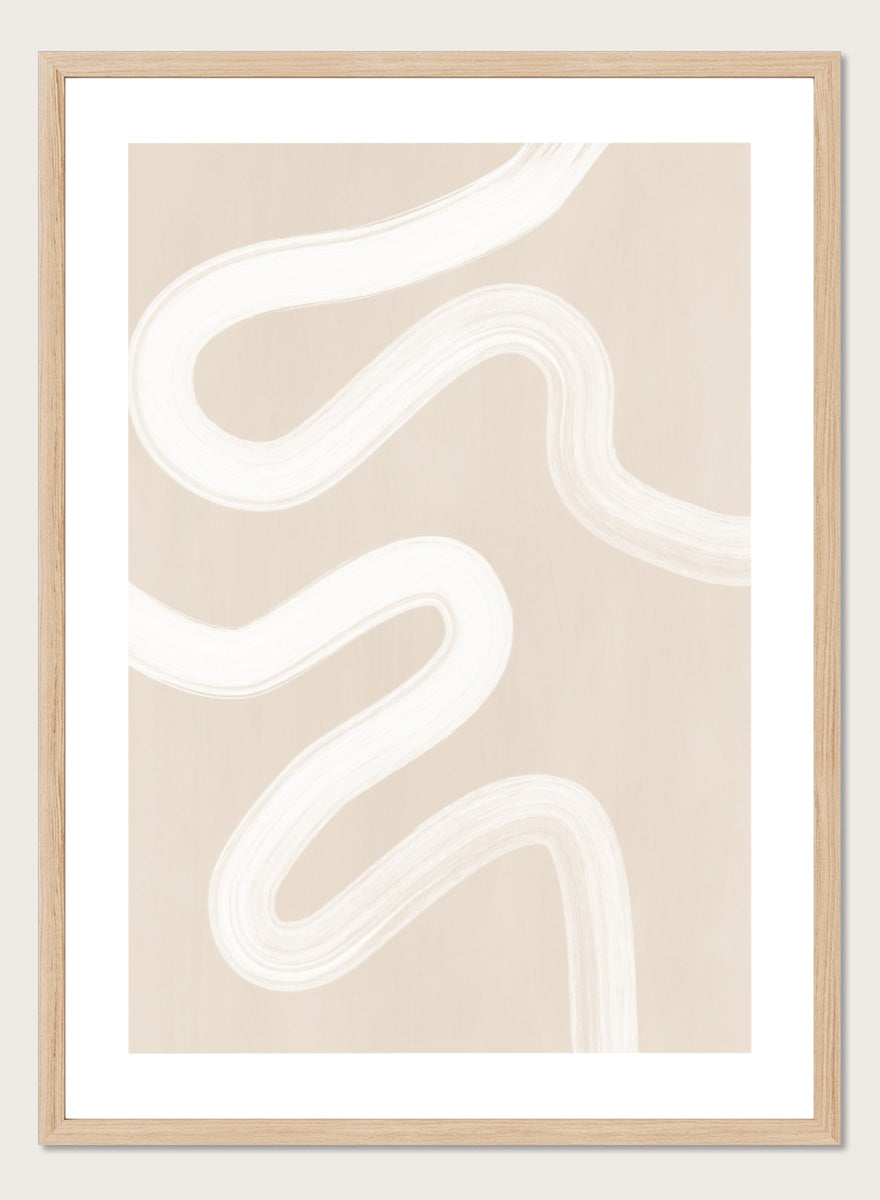 Shop Wavy Abstract Lines by Elena Ristova, a neutral abstract wall art print poster with flowing white brushstrokes on a beige background.
