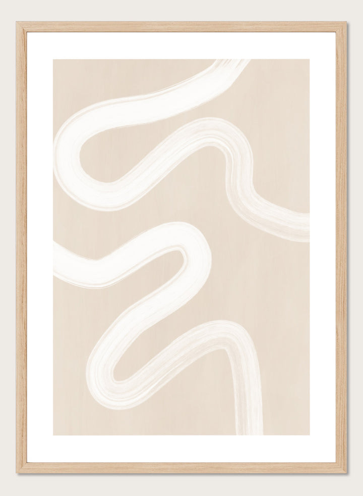 Shop Wavy Abstract Lines by Elena Ristova, a neutral abstract wall art print poster with flowing white brushstrokes on a beige background.