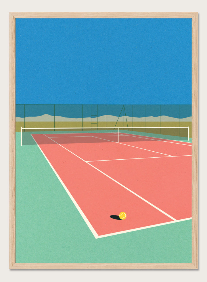 Illustration of a tennis court with a ball on the ground and mountains in the background. Tennis Court in the Desert by Rosi Feist is a modern minimalist fine art print of a pink tennis court in a surreal desert landscape. Officially licensed wall poster with optional artisan framing.