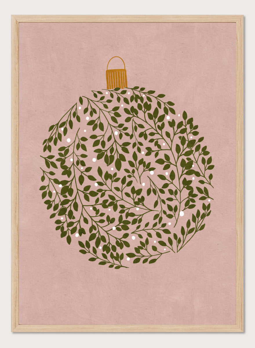 Shop Round Ornament by Katie O’Shea, a botanical Christmas wall art print poster featuring green leaves, white glowing light details, and a dusty pink background.