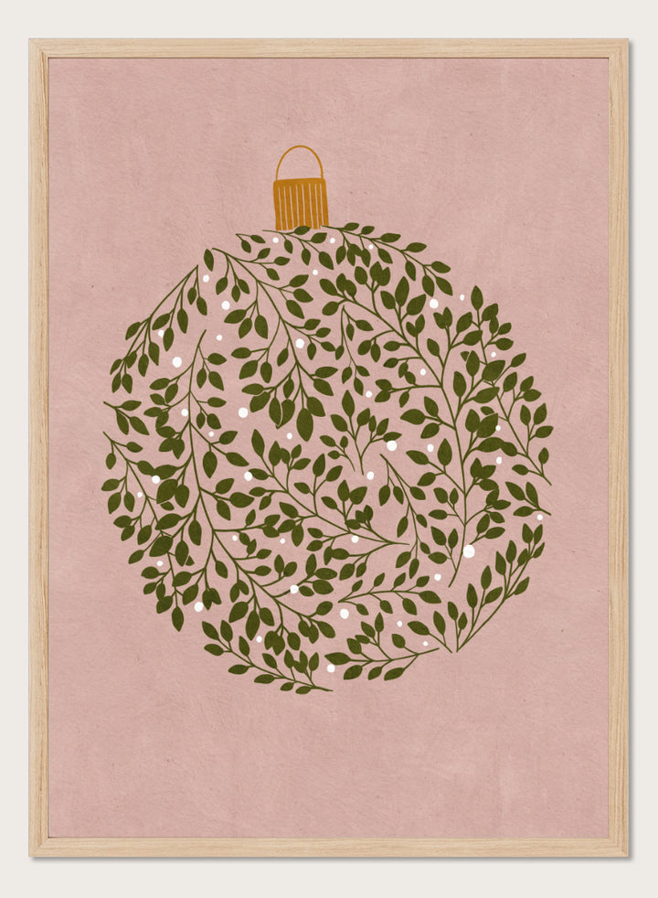 Shop Round Ornament by Katie O’Shea, a botanical Christmas wall art print poster featuring green leaves, white glowing light details, and a dusty pink background.