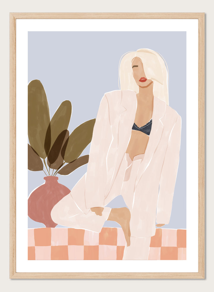 Too Lazy To Yoga by Ivy Green is a contemporary illustration art print featuring a relaxed woman in a minimalist interior. Premium fine art print with real wood framing.