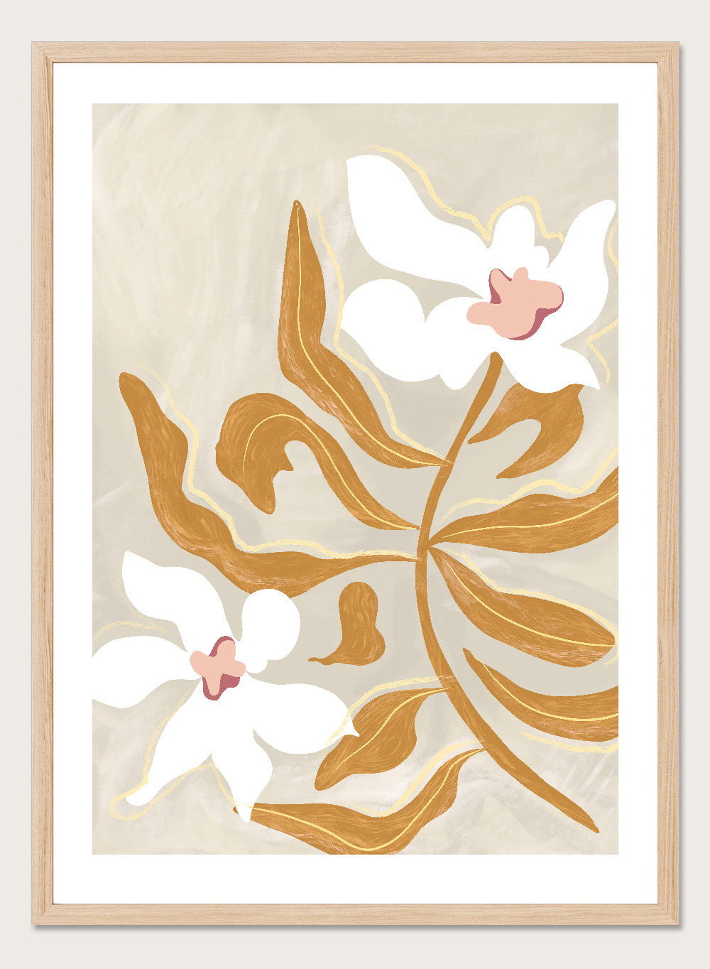 Decorative artwork with stylized flowers on a beige background. Flower Flower Flower by Arty Guava is a modern floral art print with oversized white blossoms and golden leaves. Officially licensed wall poster.