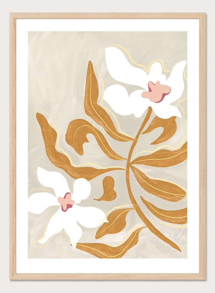 Decorative artwork with stylized flowers on a beige background. Flower Flower Flower by Arty Guava is a modern floral art print with oversized white blossoms and golden leaves. Officially licensed wall poster.