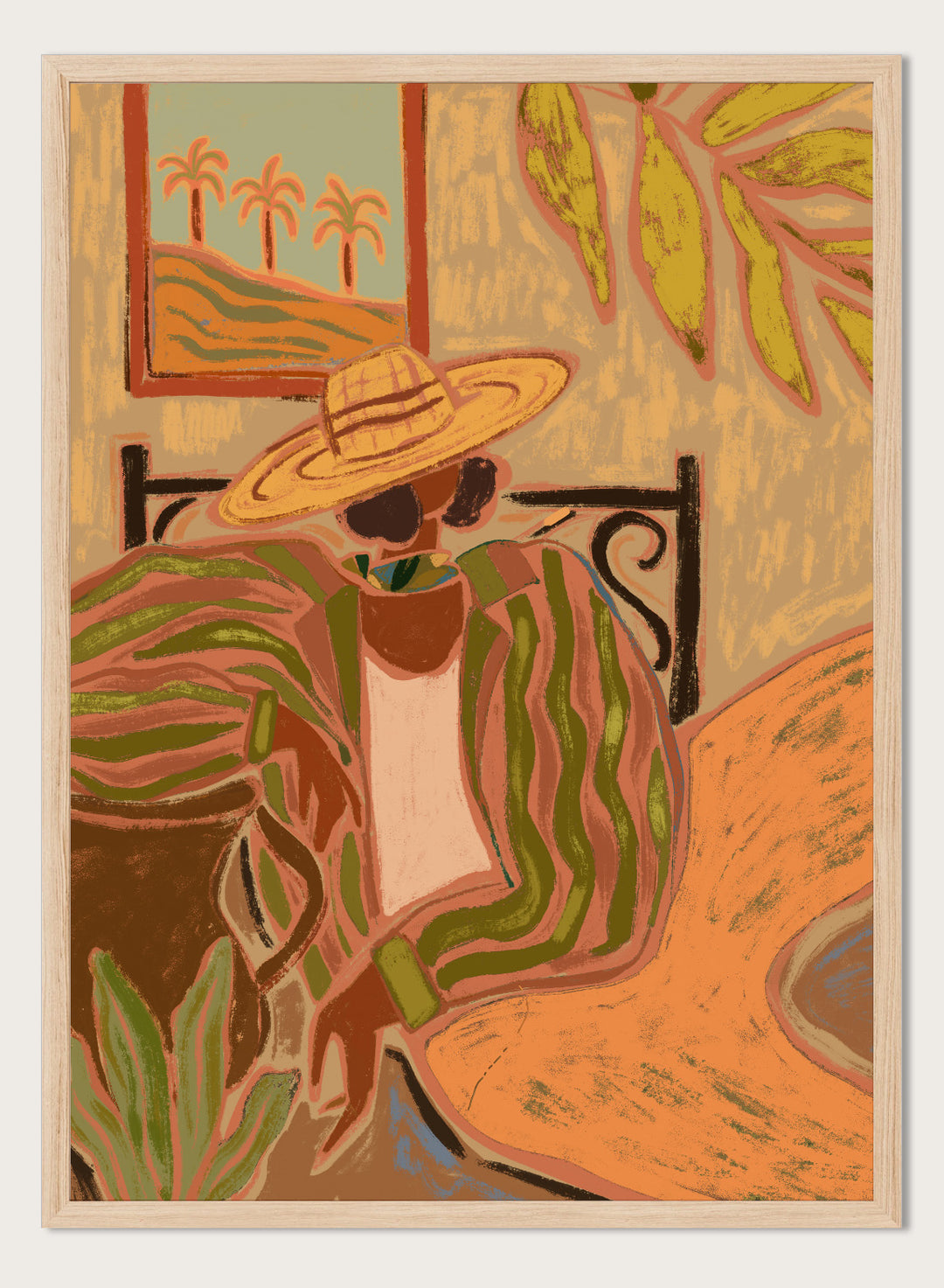 Artistic depiction of a person wearing a straw hat and patterned dress in a tropical setting. Lady in Stripe by Arty Guava art print featuring woman in straw hat and striped shirt with tropical palm landscape and warm contemporary illustration wall art poster.