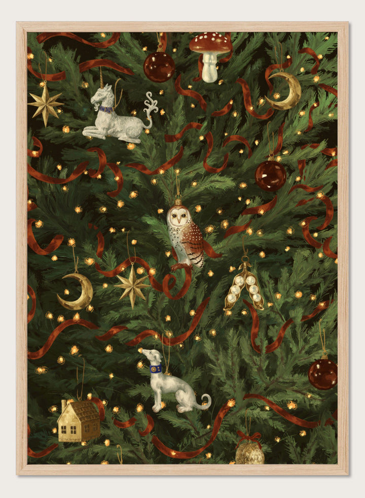 Shop Magical Christmas Tree by NKTN, a festive Christmas wall art print poster featuring woodland ornaments, moons, stars, ribbon, and glowing tree lights.