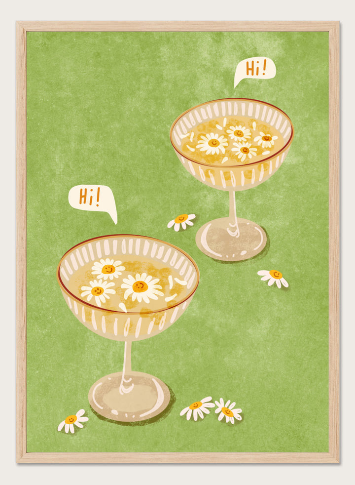 Illustration of two cocktail glasses with daisies on a green background. Hi by Raissa Oltmanns is a modern cocktail art print featuring smiling daisy drinks in playful contemporary wall poster style.