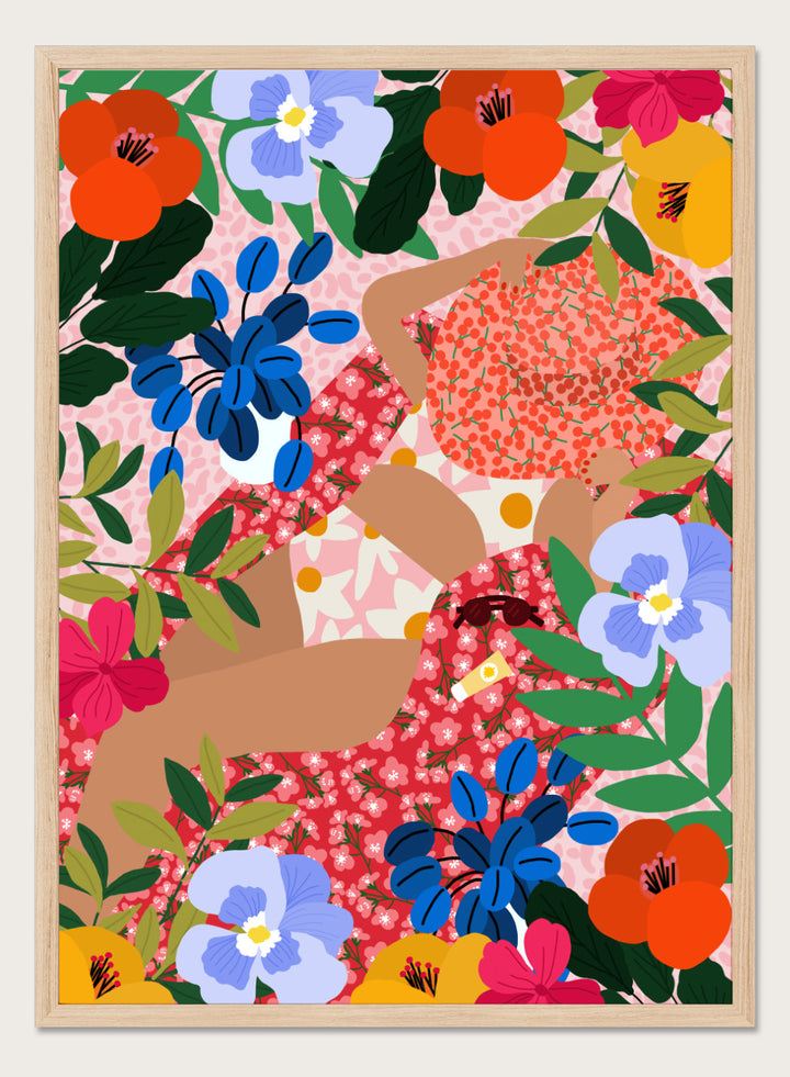 Colorful floral pattern with abstract shapes on a pink background. Sleeping Under the Sun by Rafaela Mascaro fine art print poster featuring woman in vibrant floral garden, modern contemporary botanical wall art.