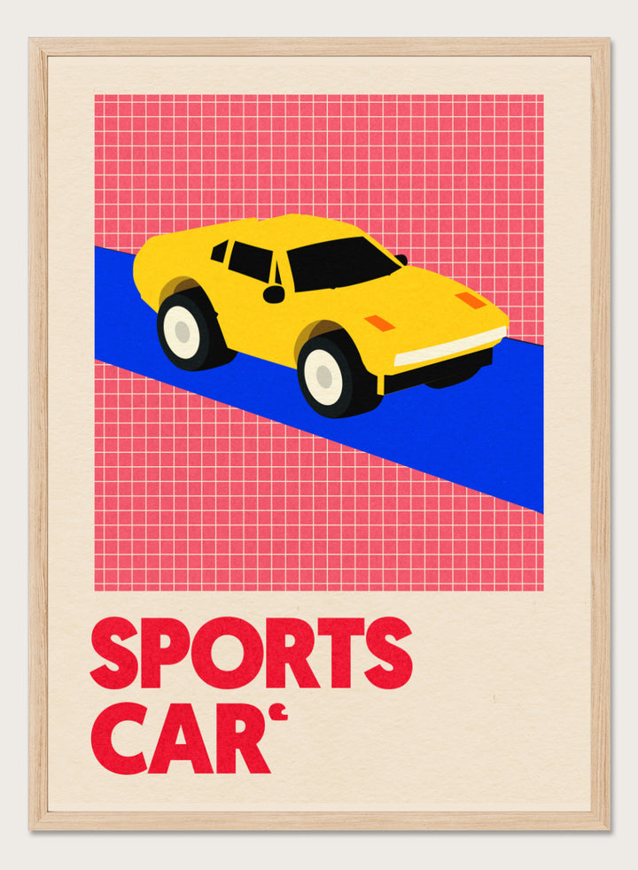 Yellow sports car on a red and blue geometric background with 'SPORTS CAR' text. Sports Car by Rosi Feist is a bold minimalist car art print featuring a bright yellow sports car and graphic typography. Officially licensed Bauhaus-inspired fine art poster with framing.