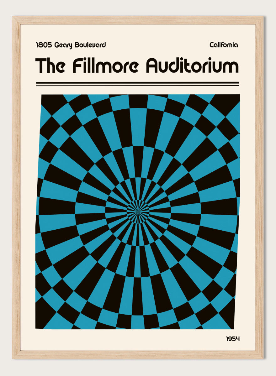 A poster-style graphic for The Fillmore Auditorium, with black text on a cream background and a large central optical illusion pattern in turquoise blue and black radiating inward. Text at the top reads &