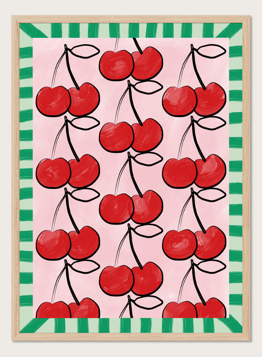 Shop Sweet Cherry Pattern by Elena Ristova, a cherry wall art print poster in red, pink, and green with a playful patterned fruit design.