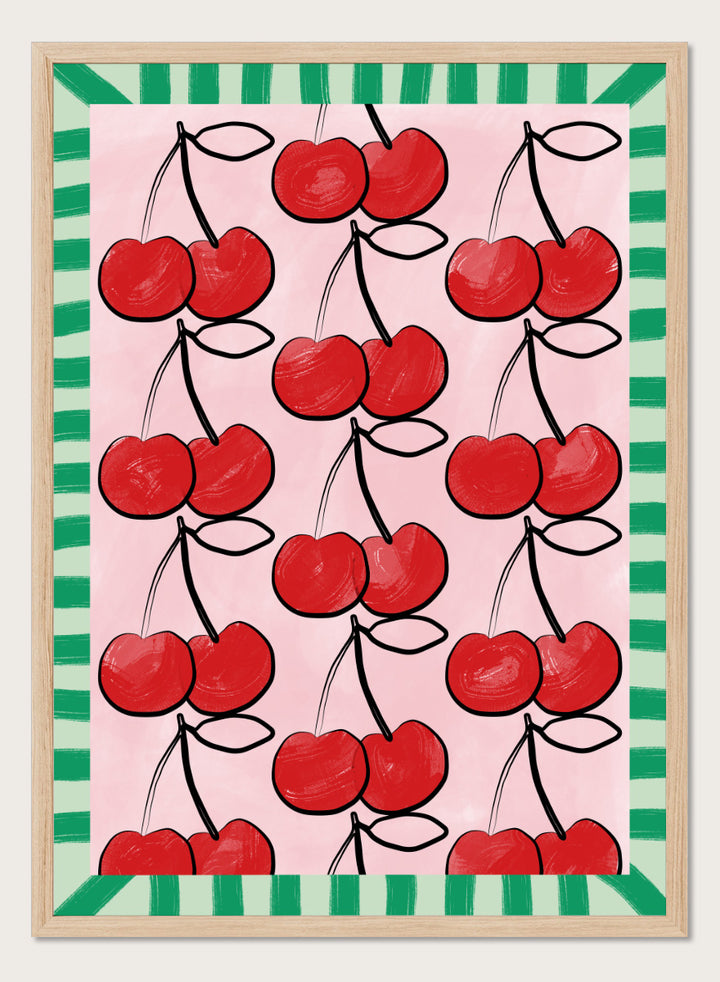 Shop Sweet Cherry Pattern by Elena Ristova, a cherry wall art print poster in red, pink, and green with a playful patterned fruit design.