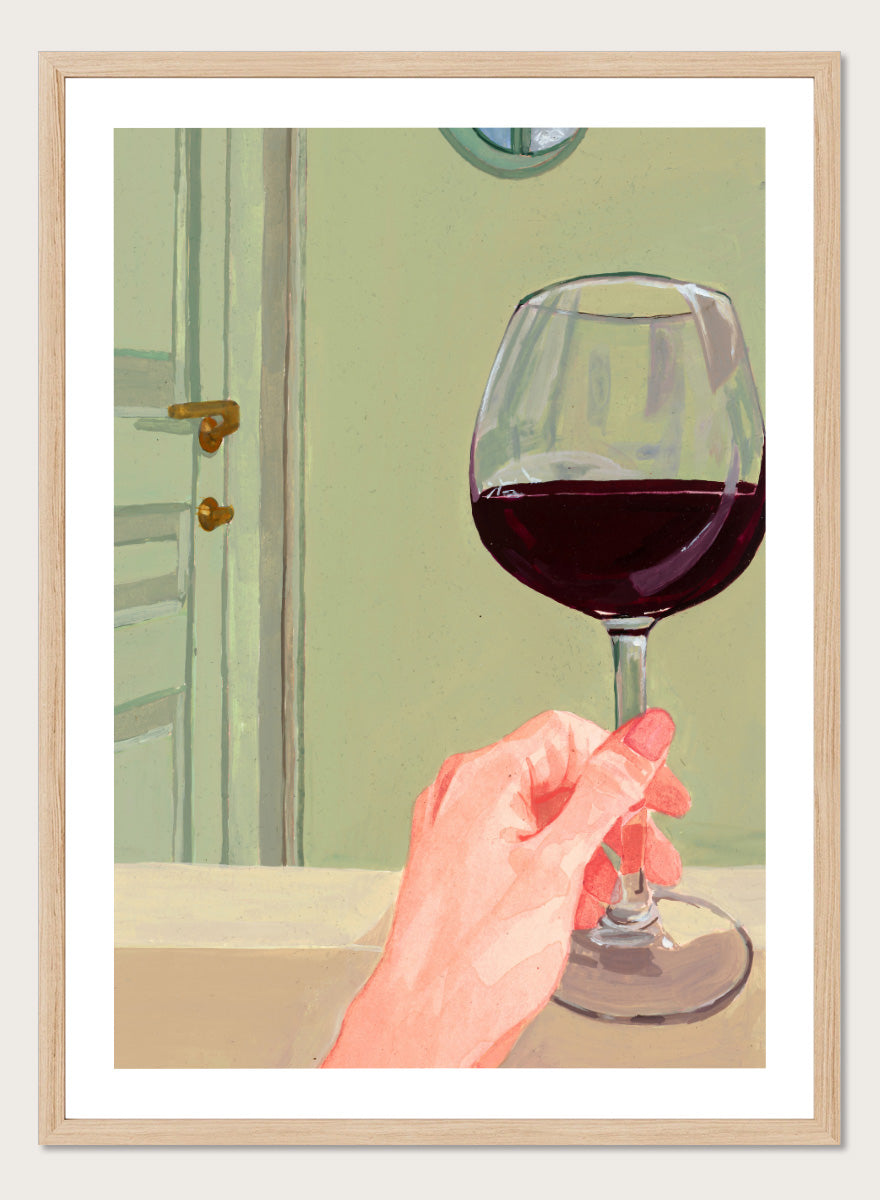 Shop Relaxing Wine Moment by Sophia Novosel, a modern wall art print poster featuring a hand holding red wine in a soft green interior with warm tones.