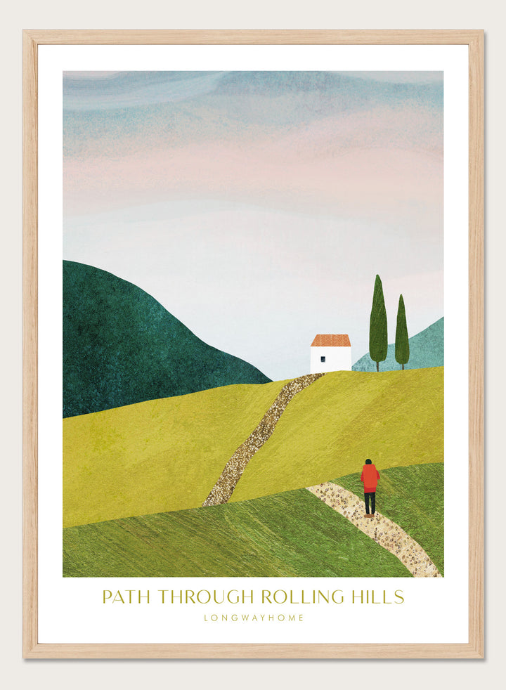 Illustration of a person walking along a path through rolling hills with a house and trees in the background. Path Through Rolling Hills by Longwayhome is a minimalist landscape art print featuring rolling green hills, countryside scenery, and modern travel inspired wall art.