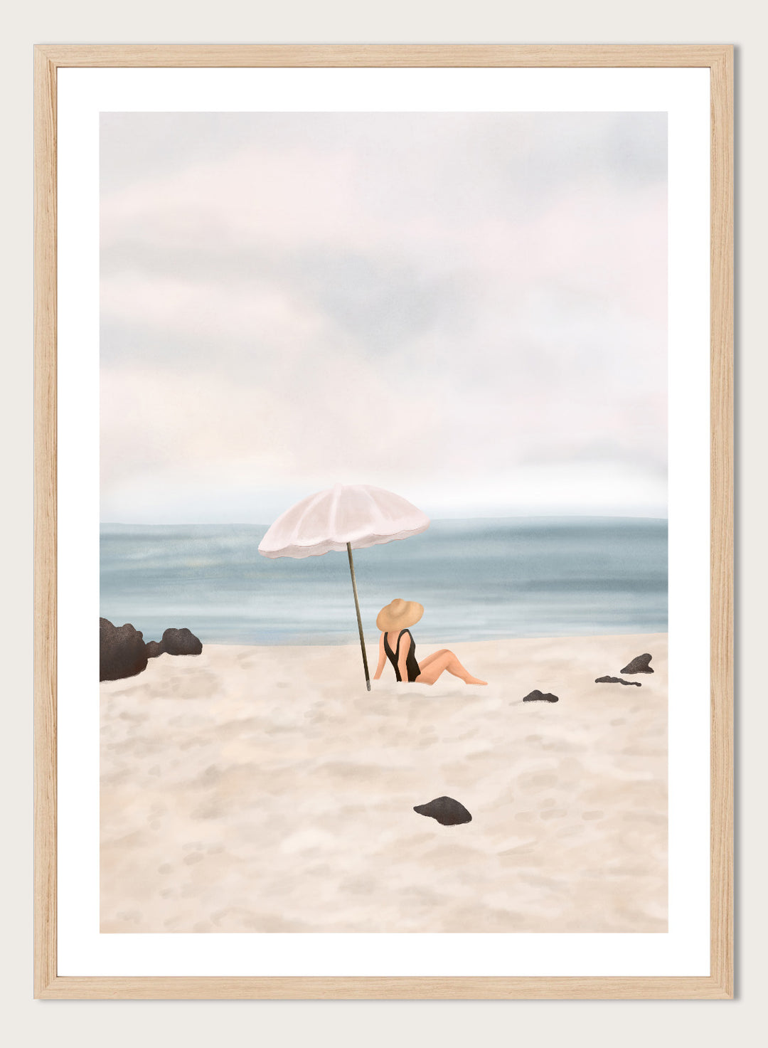 Woman under an umbrella on a beach with a calm ocean and sky. Serene Beach Scene by Flow Line is a coastal art print featuring a woman by the ocean, beach umbrella, seaside illustration, and summer wall art.