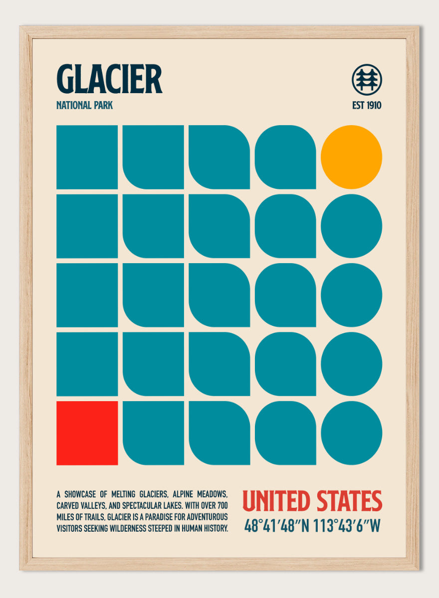 A retro-style poster for Glacier National Park featuring a cream background, teal geometric shapes, a yellow-orange circle, and red text. The top reads &