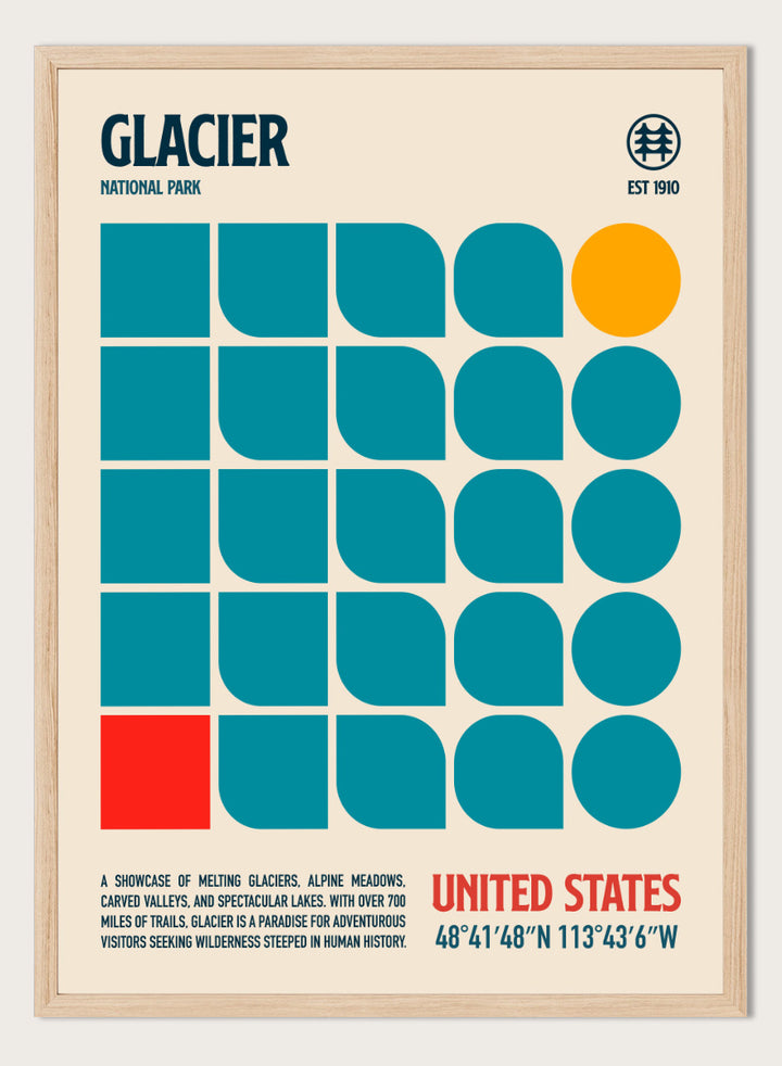 A retro-style poster for Glacier National Park featuring a cream background, teal geometric shapes, a yellow-orange circle, and red text. The top reads &