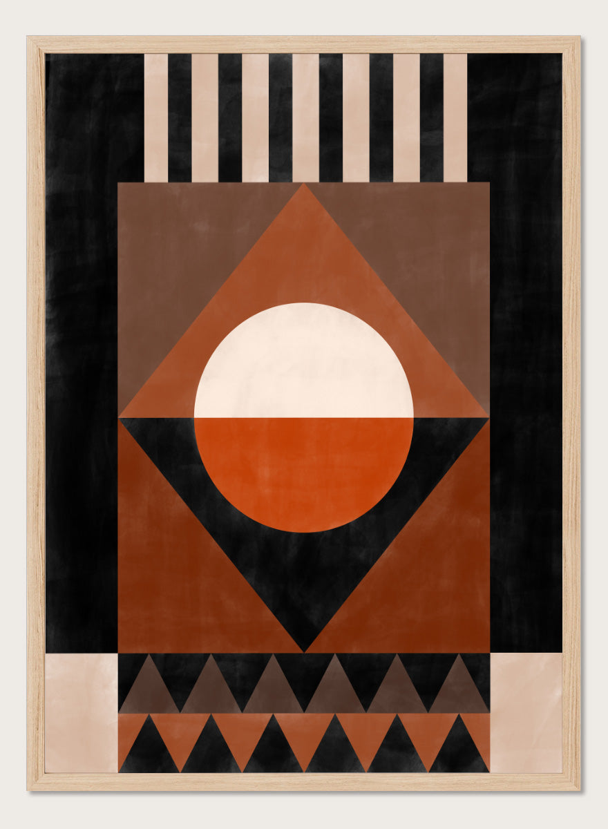 Shop Geometric Earth Tones by Elena Ristova, a modern abstract wall art print poster with bold geometric shapes in orange, cream, brown, and black.