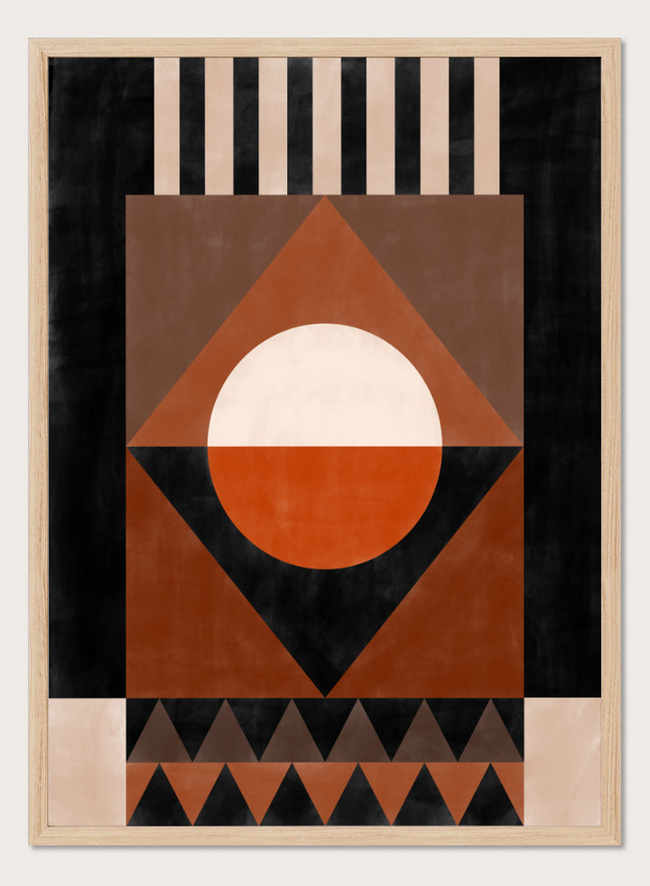 Shop Geometric Earth Tones by Elena Ristova, a modern abstract wall art print poster with bold geometric shapes in orange, cream, brown, and black.