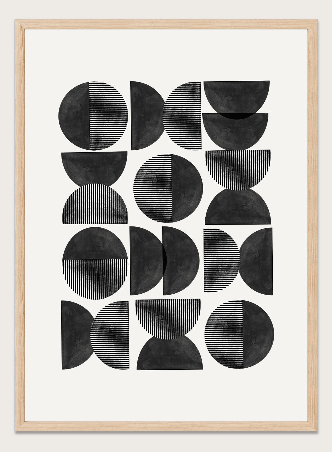 Geometric pattern of black semi-circles on a white background. Geometric Rhythm by The MIUUS Studio is a minimalist abstract art print and wall poster featuring repeating geometric shapes, black and white tones, and modern striped textures.