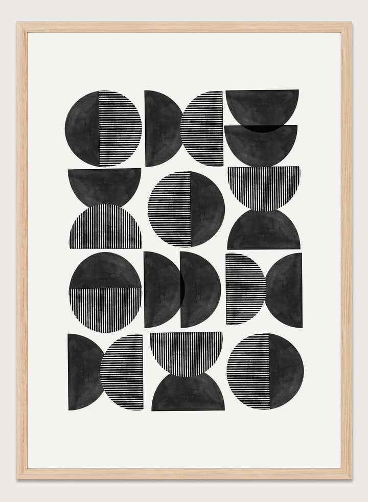 Geometric pattern of black semi-circles on a white background. Geometric Rhythm by The MIUUS Studio is a minimalist abstract art print and wall poster featuring repeating geometric shapes, black and white tones, and modern striped textures.