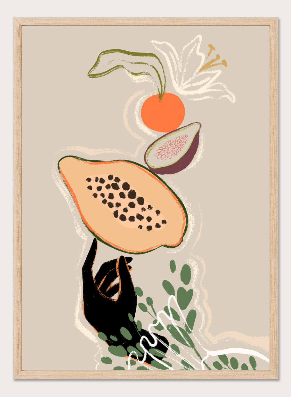 Illustration of a sloth holding a papaya with a beige background. Balancing Fruits by Arty Guava is a modern fruit still life art print with papaya and fig. Officially licensed wall poster for kitchen decor.