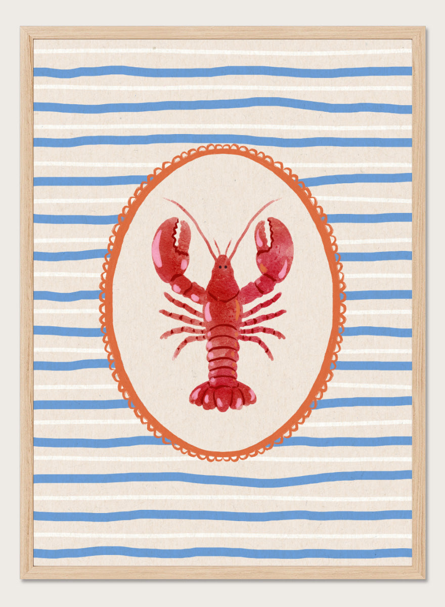 Red Lobster Stripes by Katarzyna Gąsiorowska coastal kitchen art print featuring a red lobster, blue stripes, and vintage Mediterranean-inspired details.