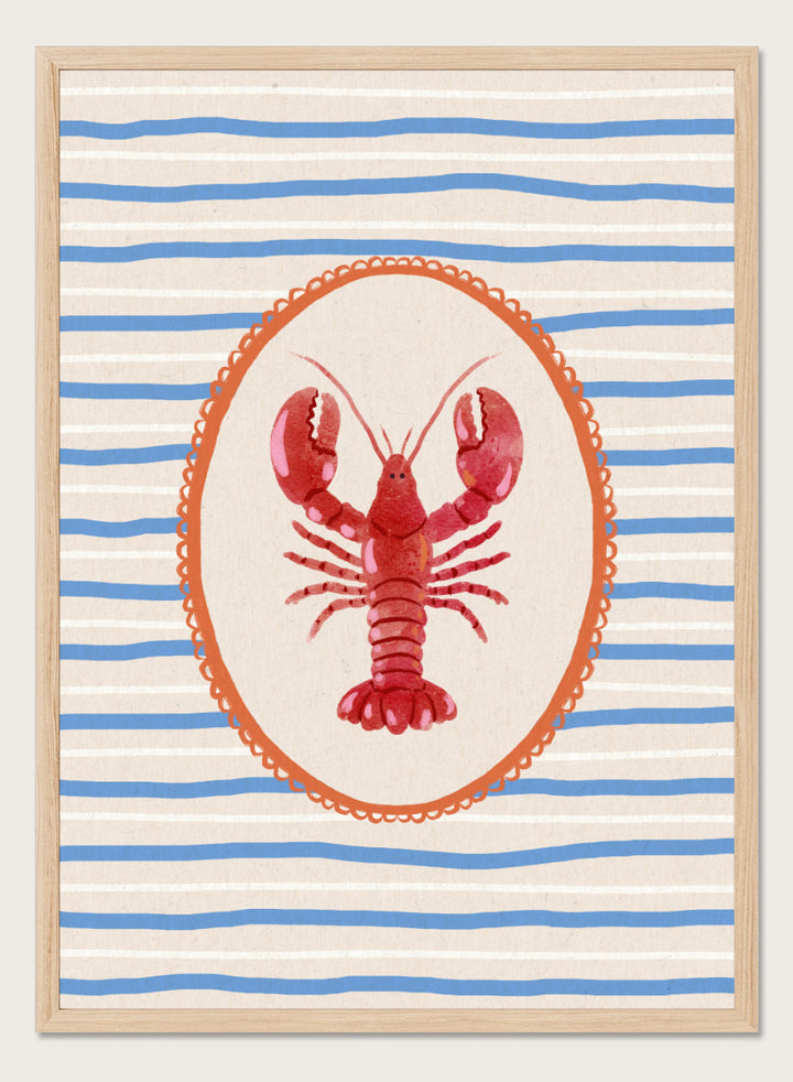 Red Lobster Stripes by Katarzyna Gąsiorowska coastal kitchen art print featuring a red lobster, blue stripes, and vintage Mediterranean-inspired details.