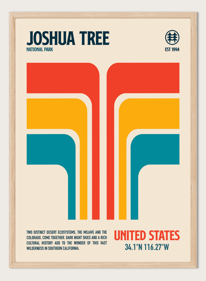A retro-style poster for Joshua Tree National Park with bold geometric shapes in red, orange, yellow, and teal on a cream background, plus text reading &