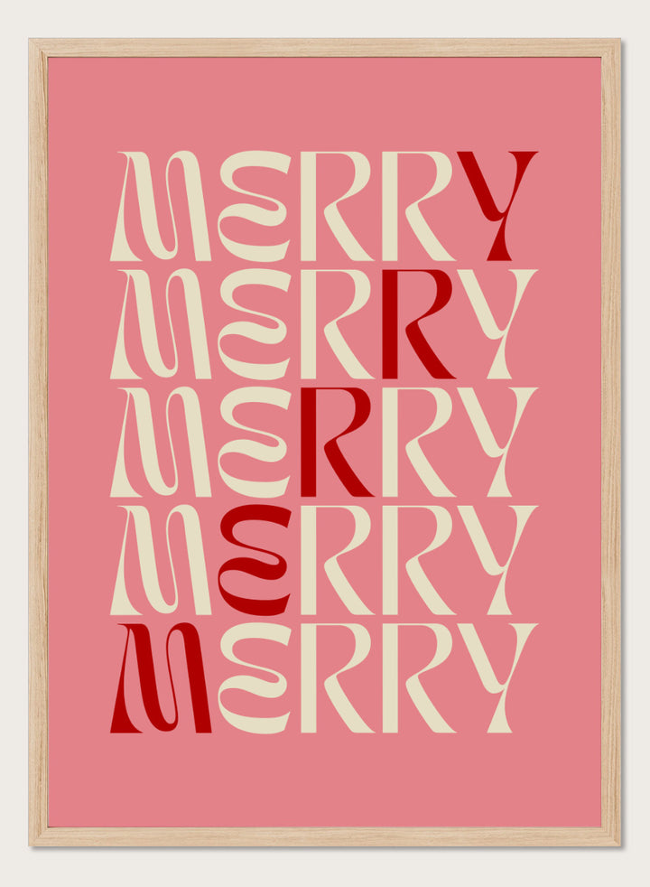Shop Festive Merry Typography by Dominique Vari, a retro Christmas wall art print poster featuring repeated “Merry” lettering in pink, cream, and red.