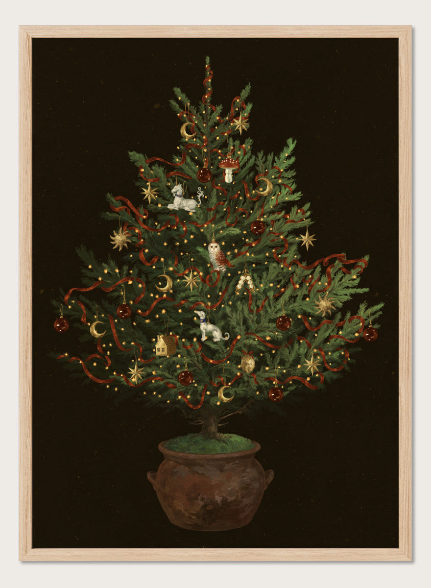 Shop Whimsical Christmas Tree by NKTN, a festive Christmas wall art print poster featuring a decorated tree, woodland ornaments, stars, ribbons, and glowing lights.