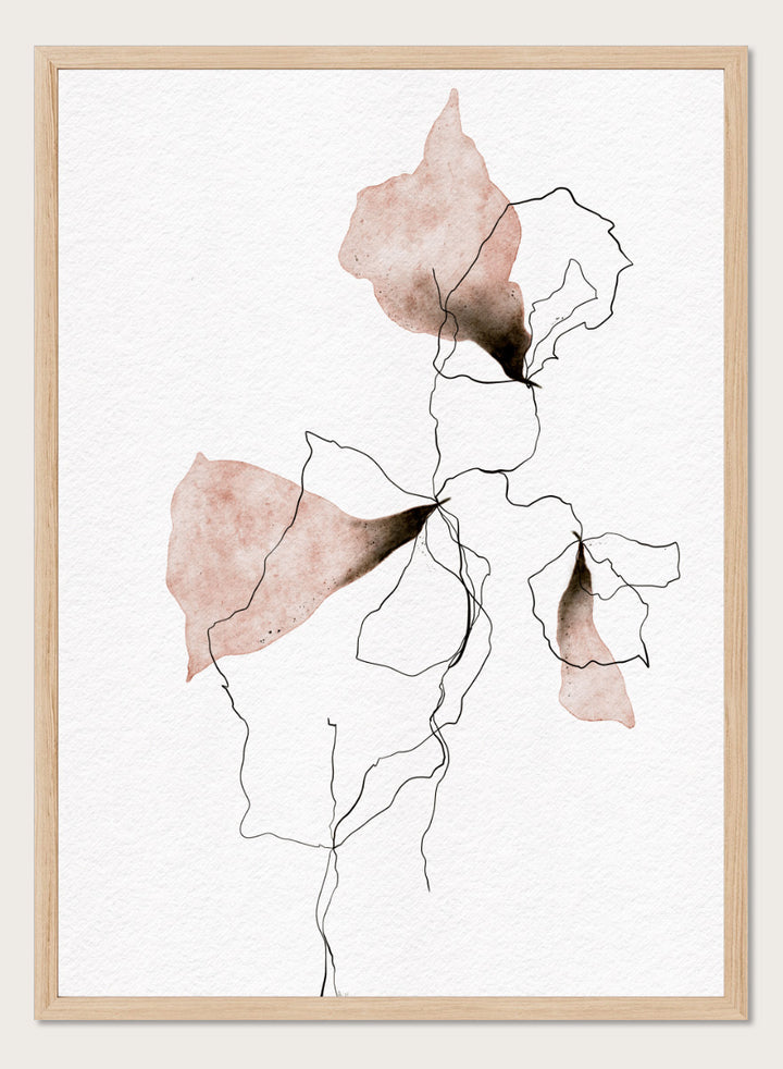 Shop Delicate Blush Botanicals by Ankie Kooi, a modern floral wall art print poster with abstract watercolor flowers, botanical line art, pink, cream, and black.
