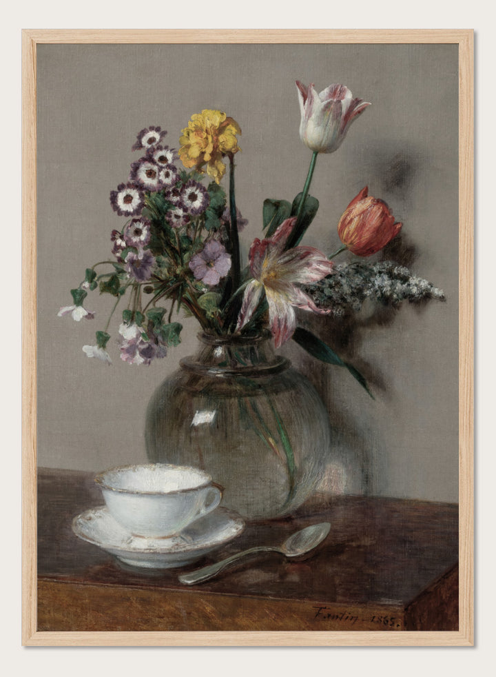 Shop Still Life with a Cup of Coffee by Henri Fantin-Latour, a vintage floral wall art print poster featuring a coffee cup and bouquet in soft brown tones.
